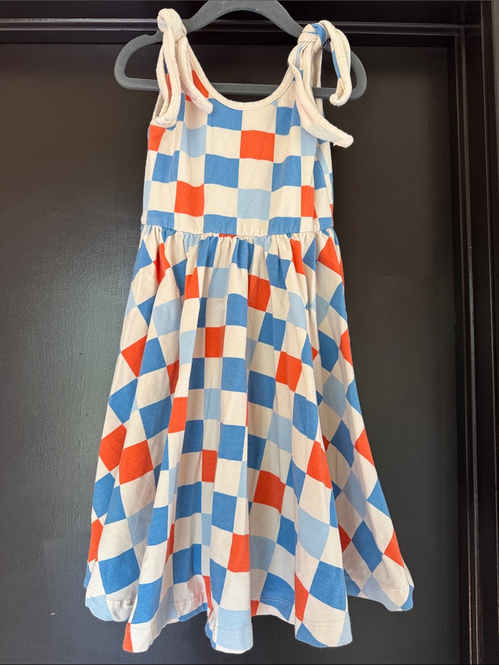 Girls Check Tie-Shoulder Dress in Blue, Red & Cream